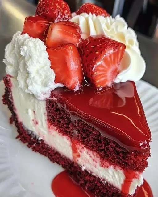 Delicious strawberry velvet cheesecake topped with fresh strawberries