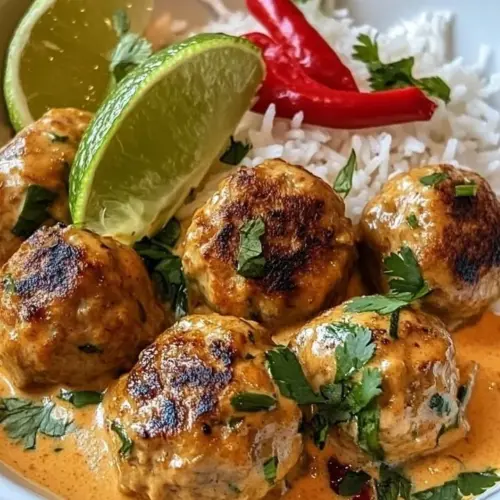 Thai coconut curry chicken meatballs served in a bowl with fresh herbs.