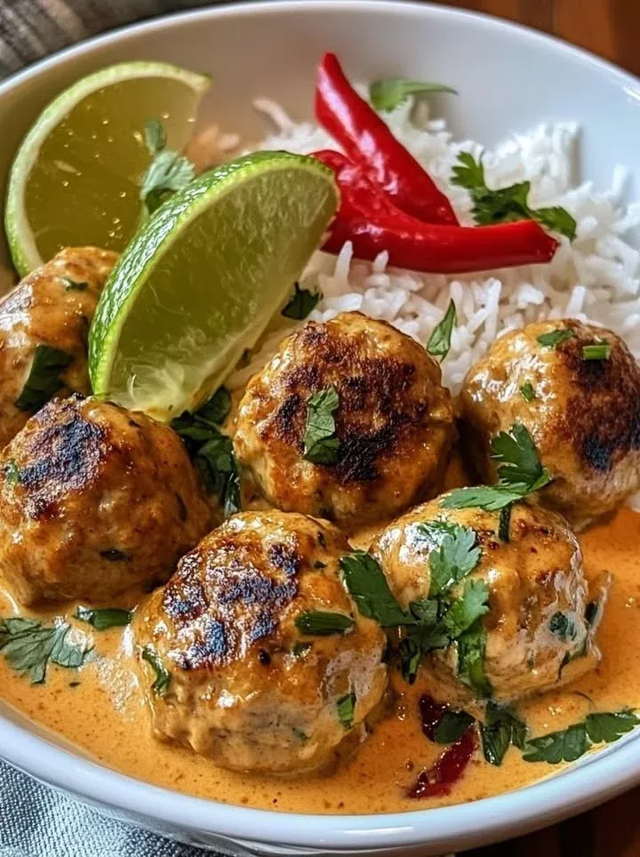 Thai coconut curry chicken meatballs served in a bowl with fresh herbs.