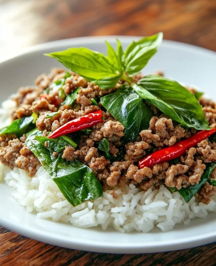 Delicious Thai Ground Beef Rice with Greens served in a bowl