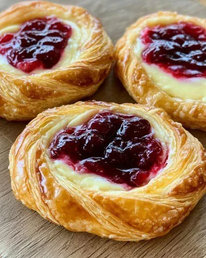 Tiny cherry cream cheese danishes on a plate, showcasing a delicious pastry treat.
