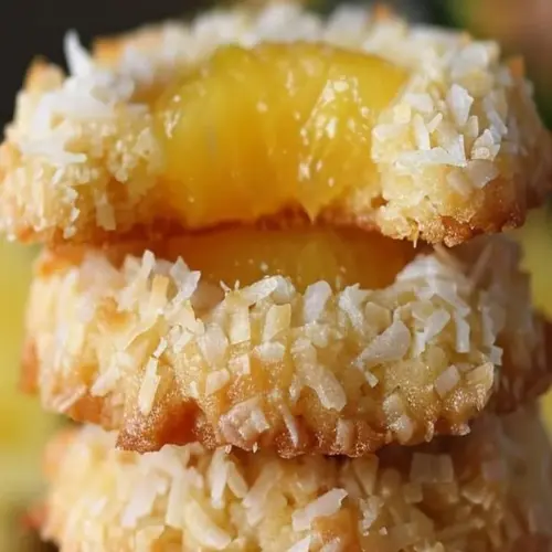 Delicious tropical coconut pineapple cookies on a plate with coconut flakes