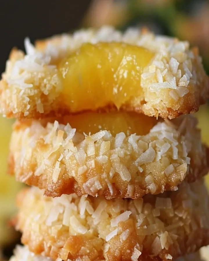 Delicious tropical coconut pineapple cookies on a plate with coconut flakes