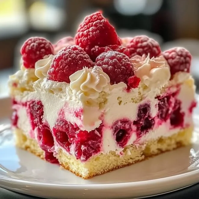 White chocolate raspberry cake with fresh raspberries and creamy frosting