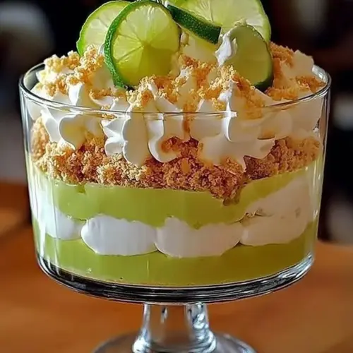 Delicious Key Lime Trifle layered with creamy lime filling and graham cracker crumbs