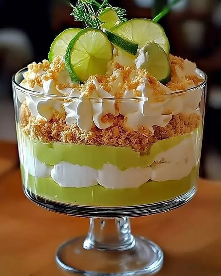 Delicious Key Lime Trifle layered with creamy lime filling and graham cracker crumbs