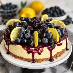 Zesty lemon blueberry cheesecake topped with fresh blueberries and lemon zest