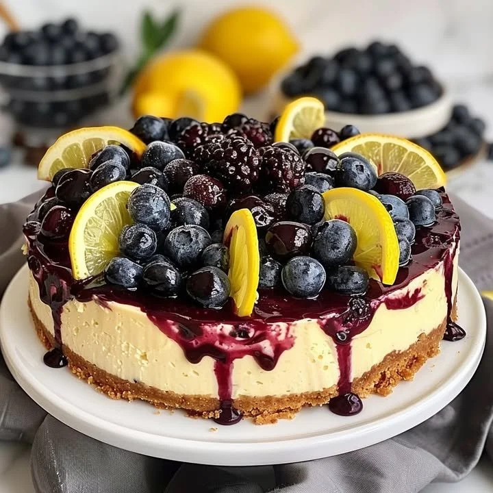 Zesty lemon blueberry cheesecake topped with fresh blueberries and lemon zest