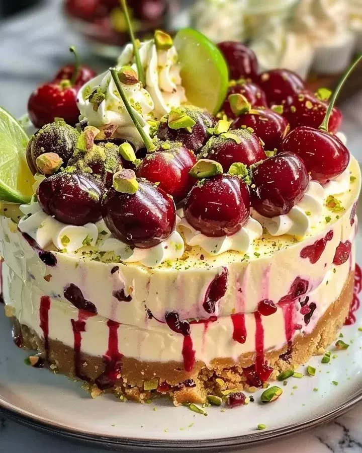 Zesty lemon-lime cherry pistachio cheesecake topped with fresh fruit.